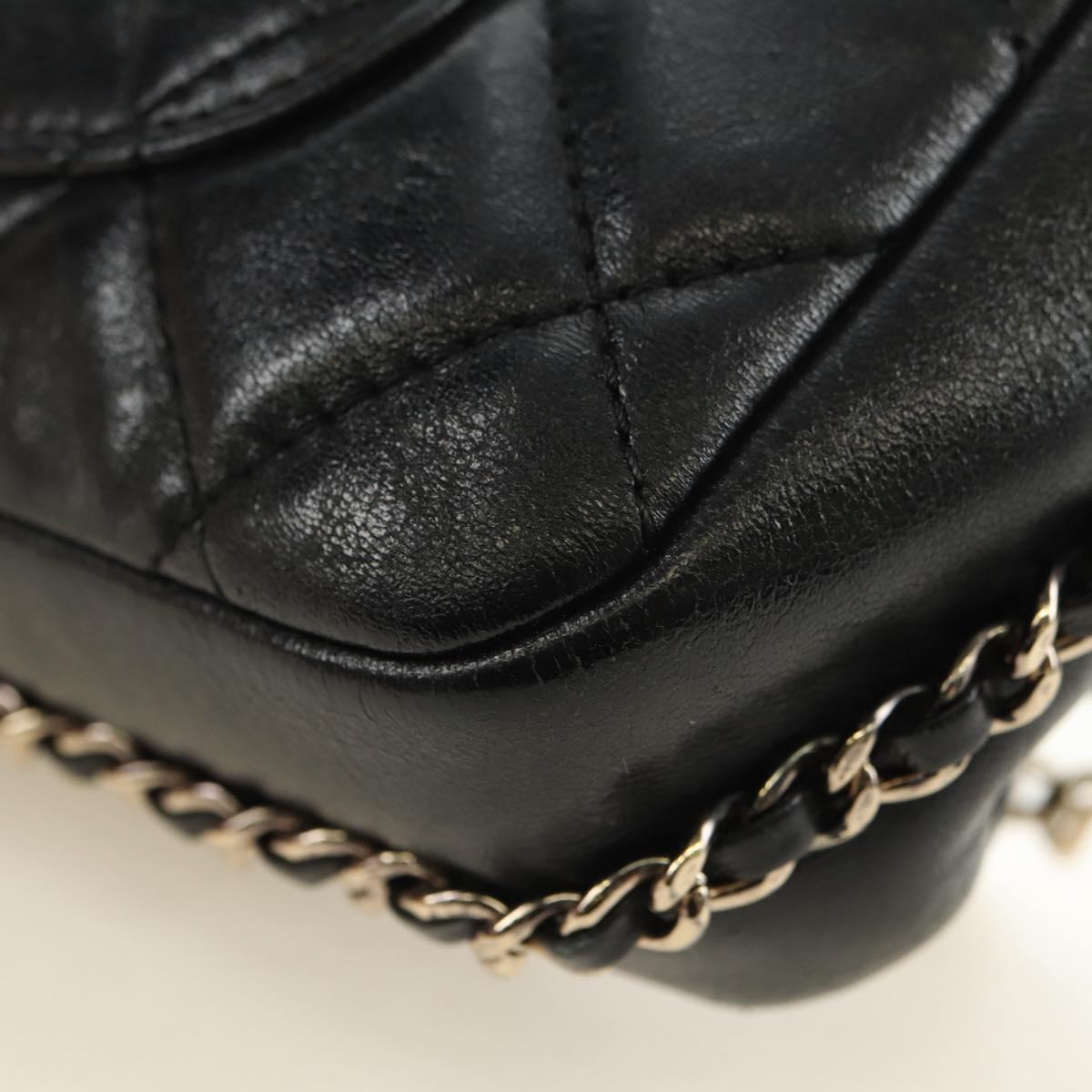 CHANEL Matelasse Pearl Chain Shoulder Bag Lamb Skin Black Gold CC Auth ka4643M