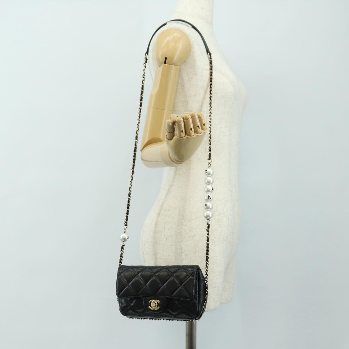 CHANEL Matelasse Pearl Chain Shoulder Bag Lamb Skin Black Gold CC Auth ka4643M