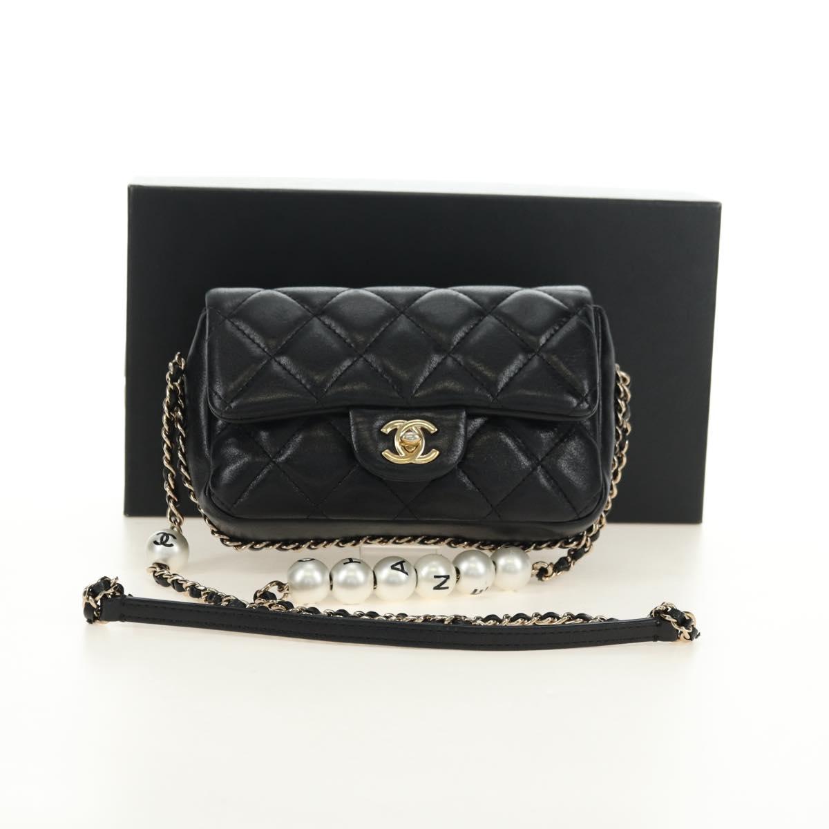 CHANEL Matelasse Pearl Chain Shoulder Bag Lamb Skin Black Gold CC Auth ka4643M