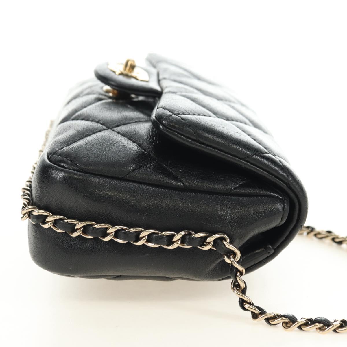 CHANEL Matelasse Pearl Chain Shoulder Bag Lamb Skin Black Gold CC Auth ka4643M