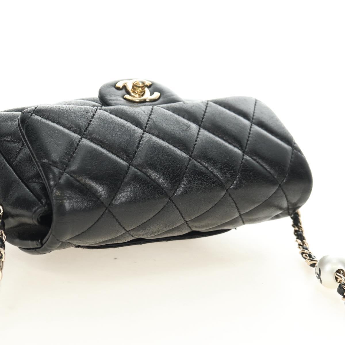 CHANEL Matelasse Pearl Chain Shoulder Bag Lamb Skin Black Gold CC Auth ka4643M