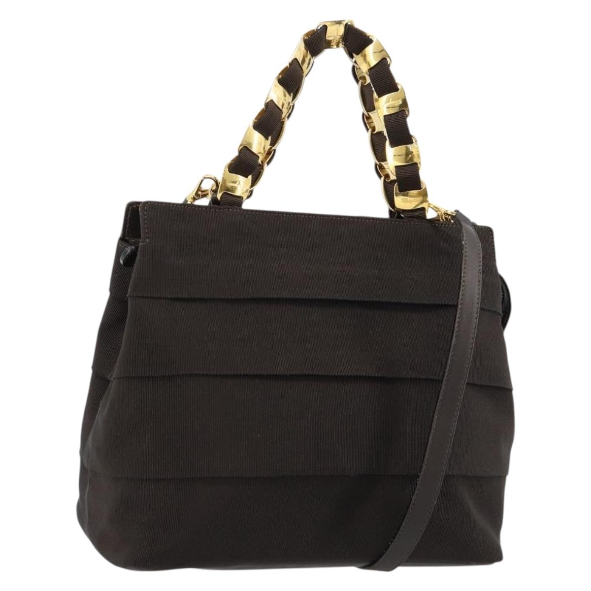 Salvatore Ferragamo Vala Hand Bag Canvas Leather 2way Brown Gold Auth ka4658A