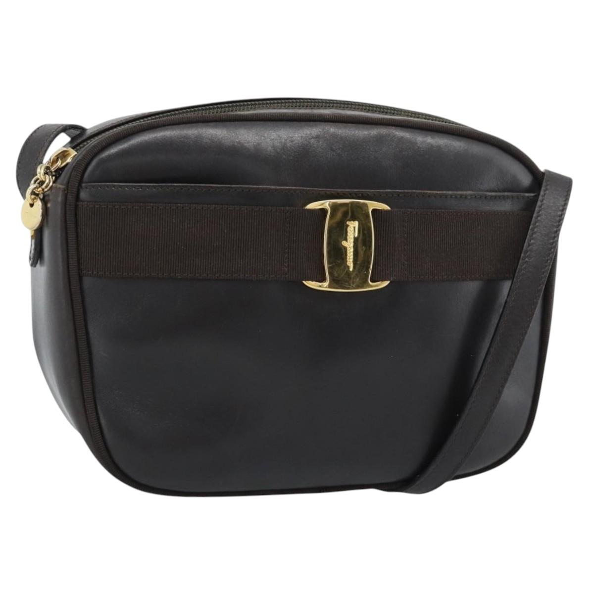 Salvatore Ferragamo Vala Shoulder Bag Leather Brown Gold Auth ka4659
