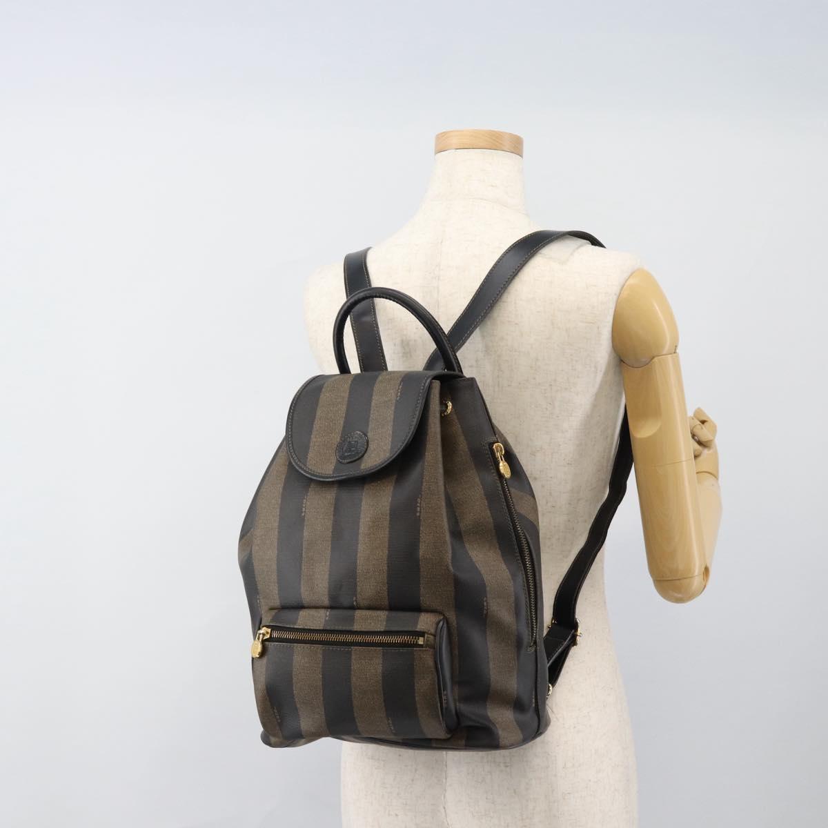 FENDI Pecan Canvas Backpack PVC Black Brown gold Auth ka4662