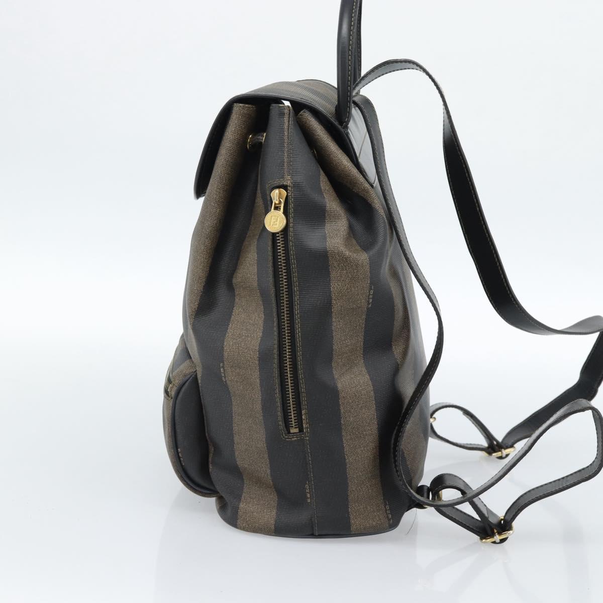 FENDI Pecan Canvas Backpack PVC Black Brown gold Auth ka4662