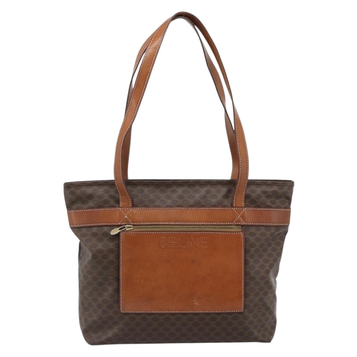 CELINE Macadam Canvas Tote Bag PVC Leather Brown Gold Auth ka4675