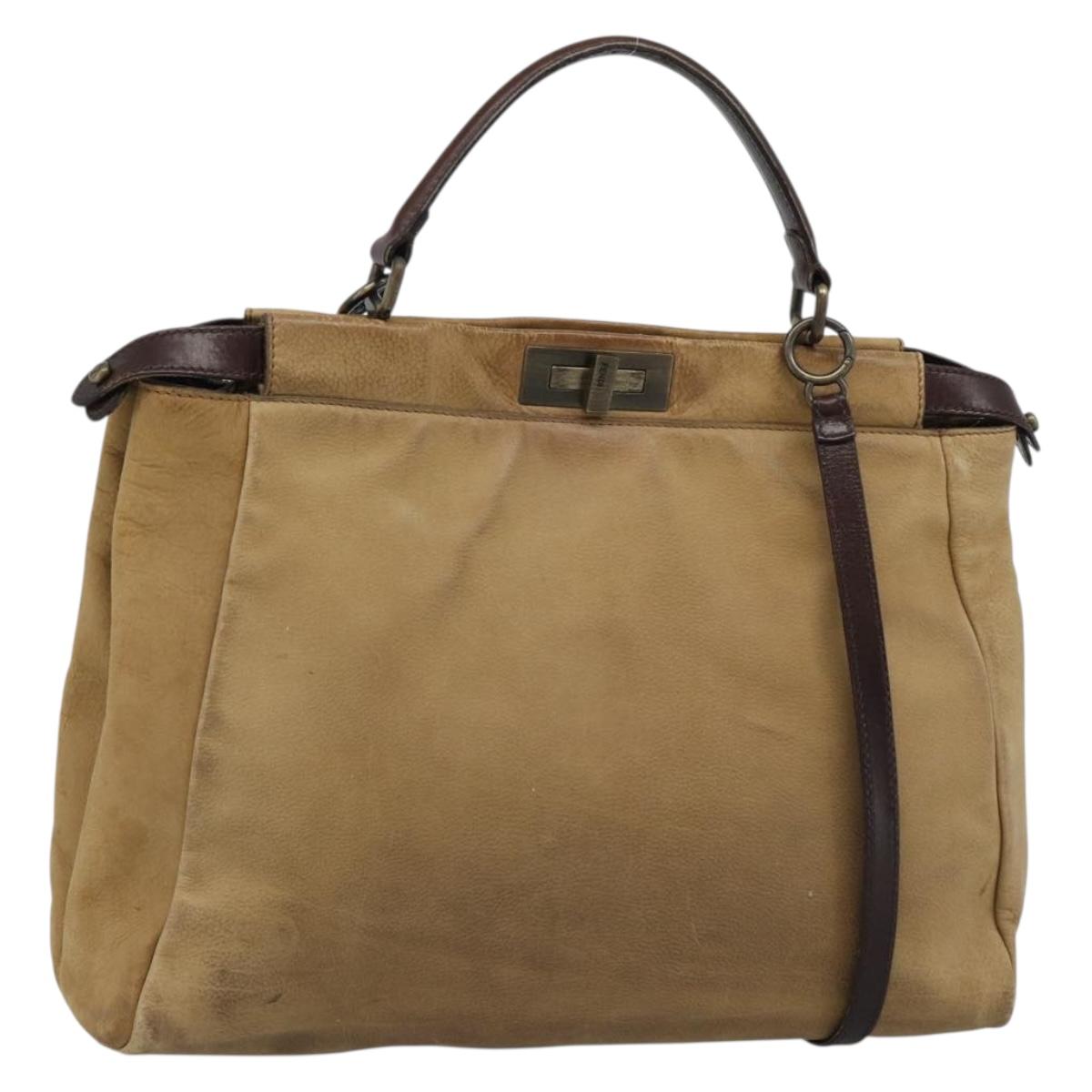 FENDI Peek A Boo Large Hand Bag Leather 2way Beige Auth ka4679