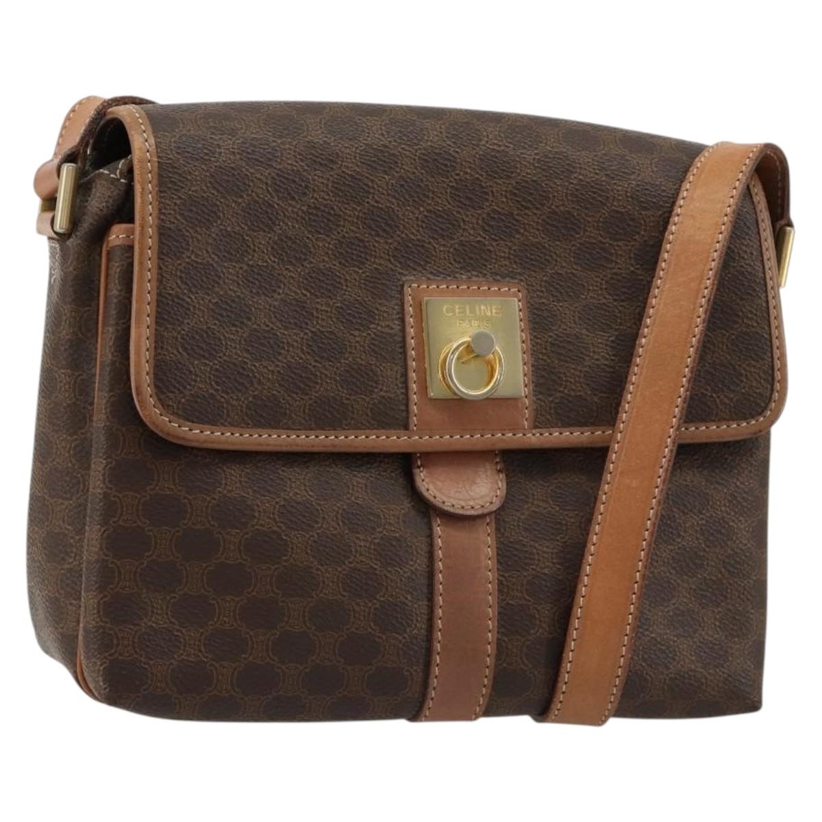CELINE Macadam Canvas Circle Shoulder Bag PVC Leather Brown Gold Auth ka4684A