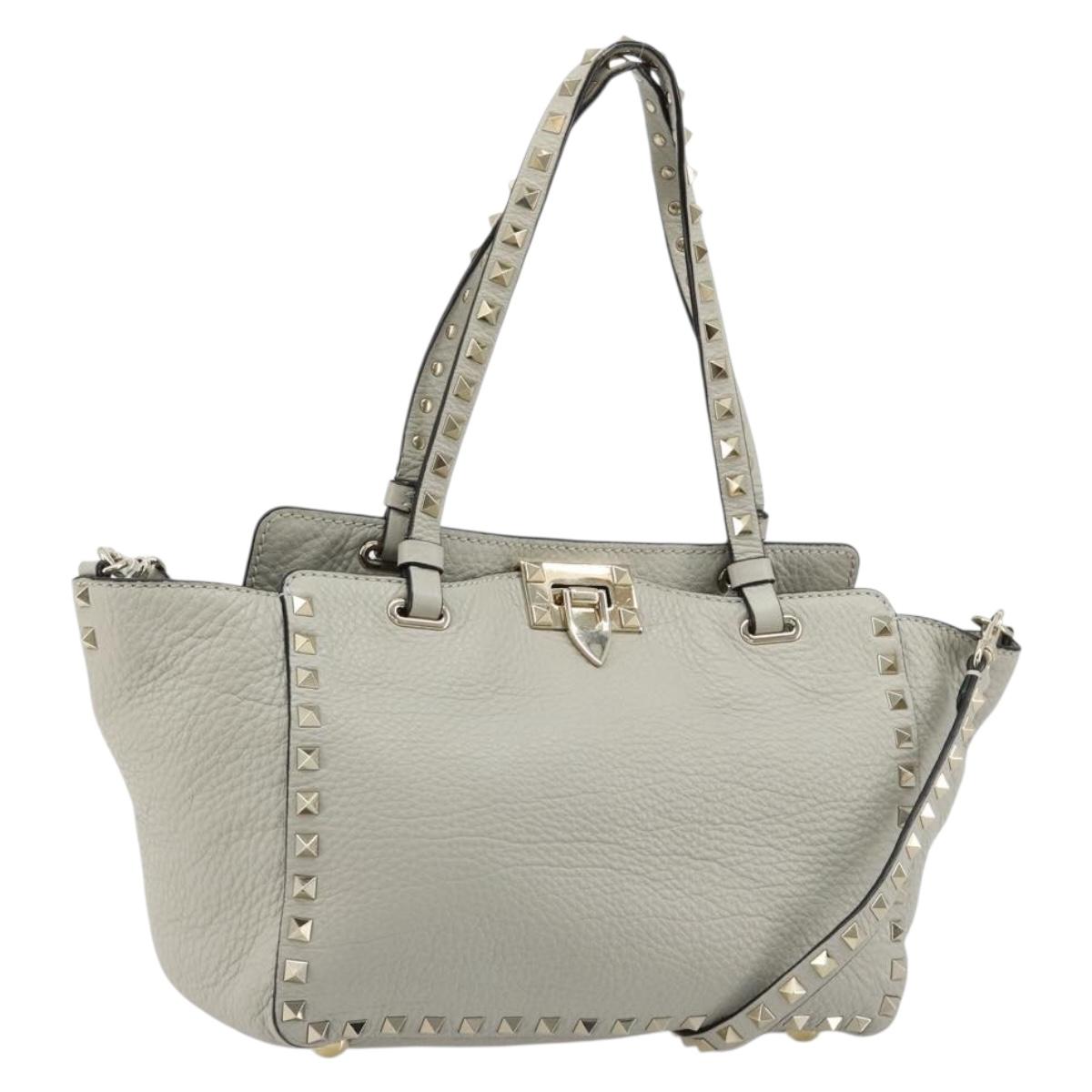VALENTINO Rock Studs Hand Bag Leather 2way Gray Gold Auth ka4689A