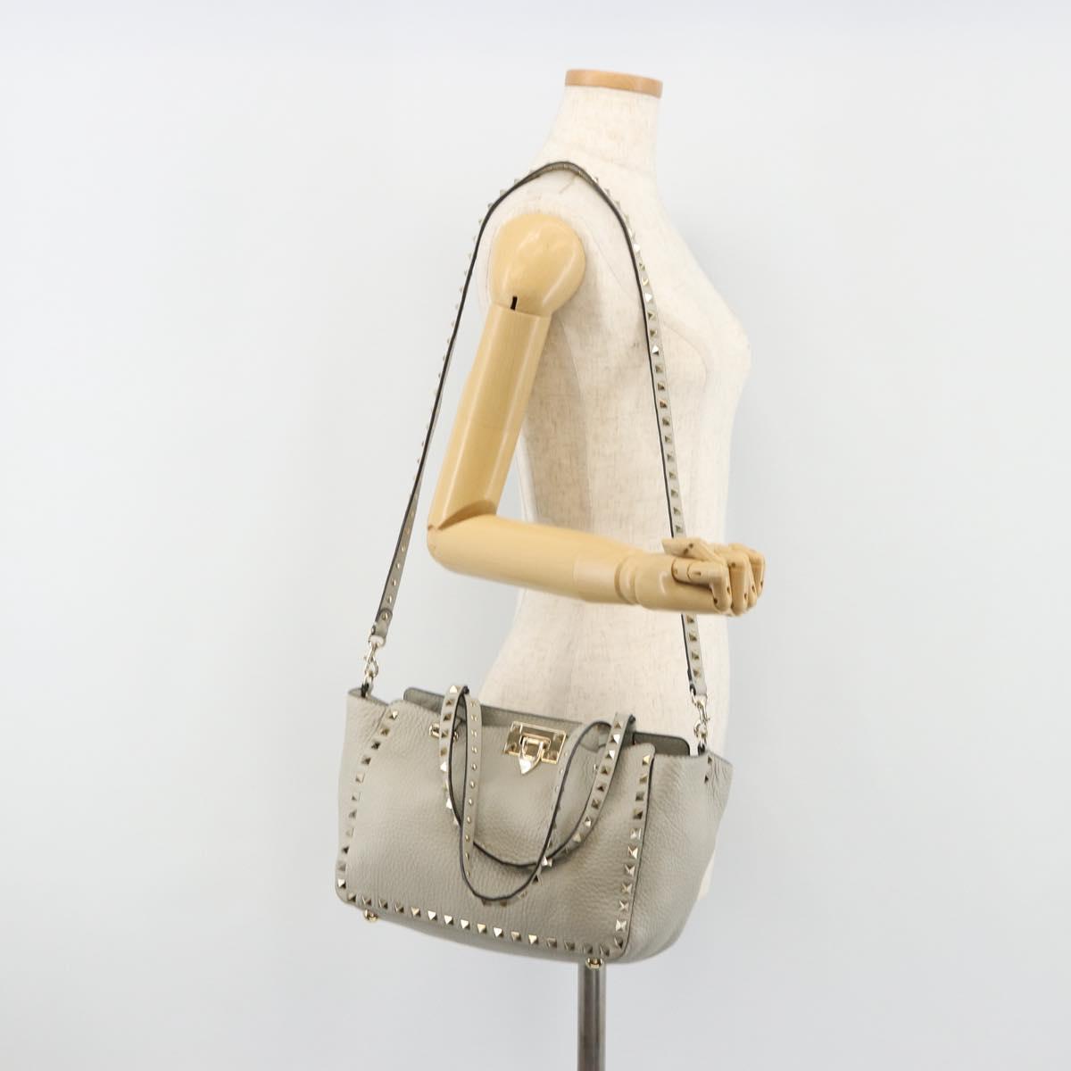 VALENTINO Rock Studs Hand Bag Leather 2way Gray Gold Auth ka4689A