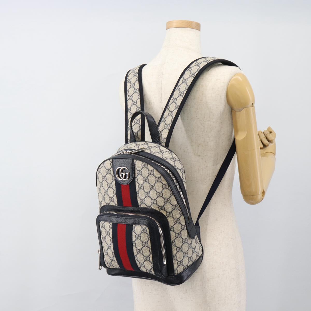 GUCCI GG Supreme Sherry Line Backpack PVC Navy Silver Red 547965 Auth ka4697SAM