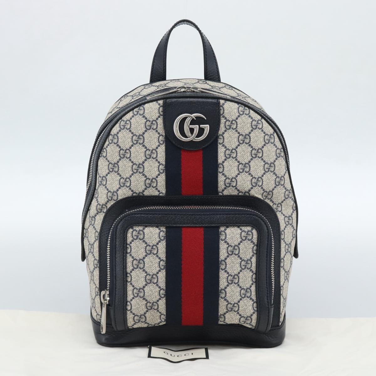 GUCCI GG Supreme Sherry Line Backpack PVC Navy Silver Red 547965 Auth ka4697SAM