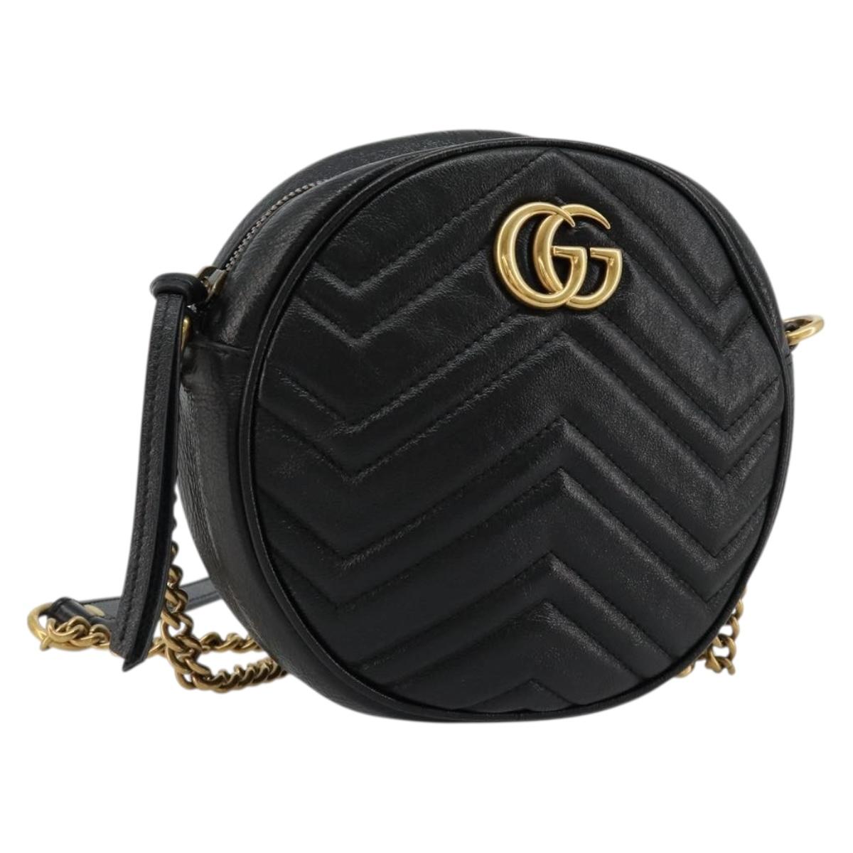 GUCCI GG Marmont Chain Shoulder Bag Leather Black Gold 550154 Auth ka4725A