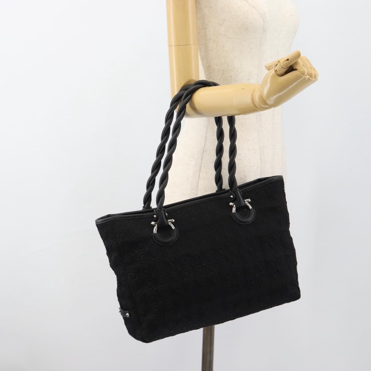 Salvatore Ferragamo Gancini Tote Bag Canvas Leather Black Silver Auth ka4727A