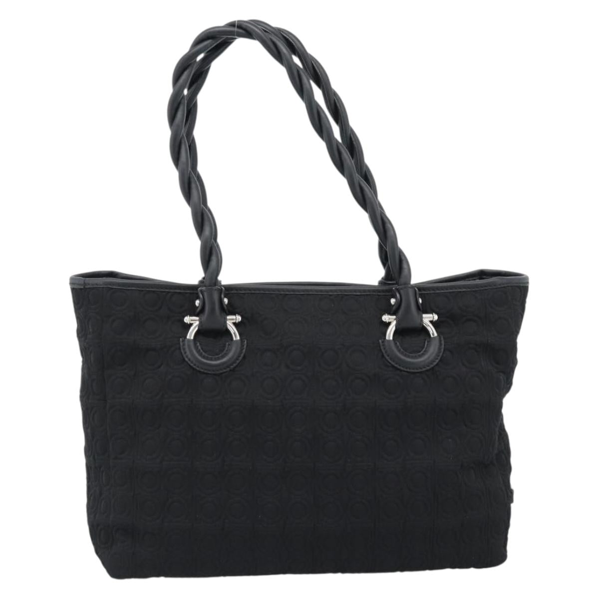 Salvatore Ferragamo Gancini Tote Bag Canvas Leather Black Silver Auth ka4727A