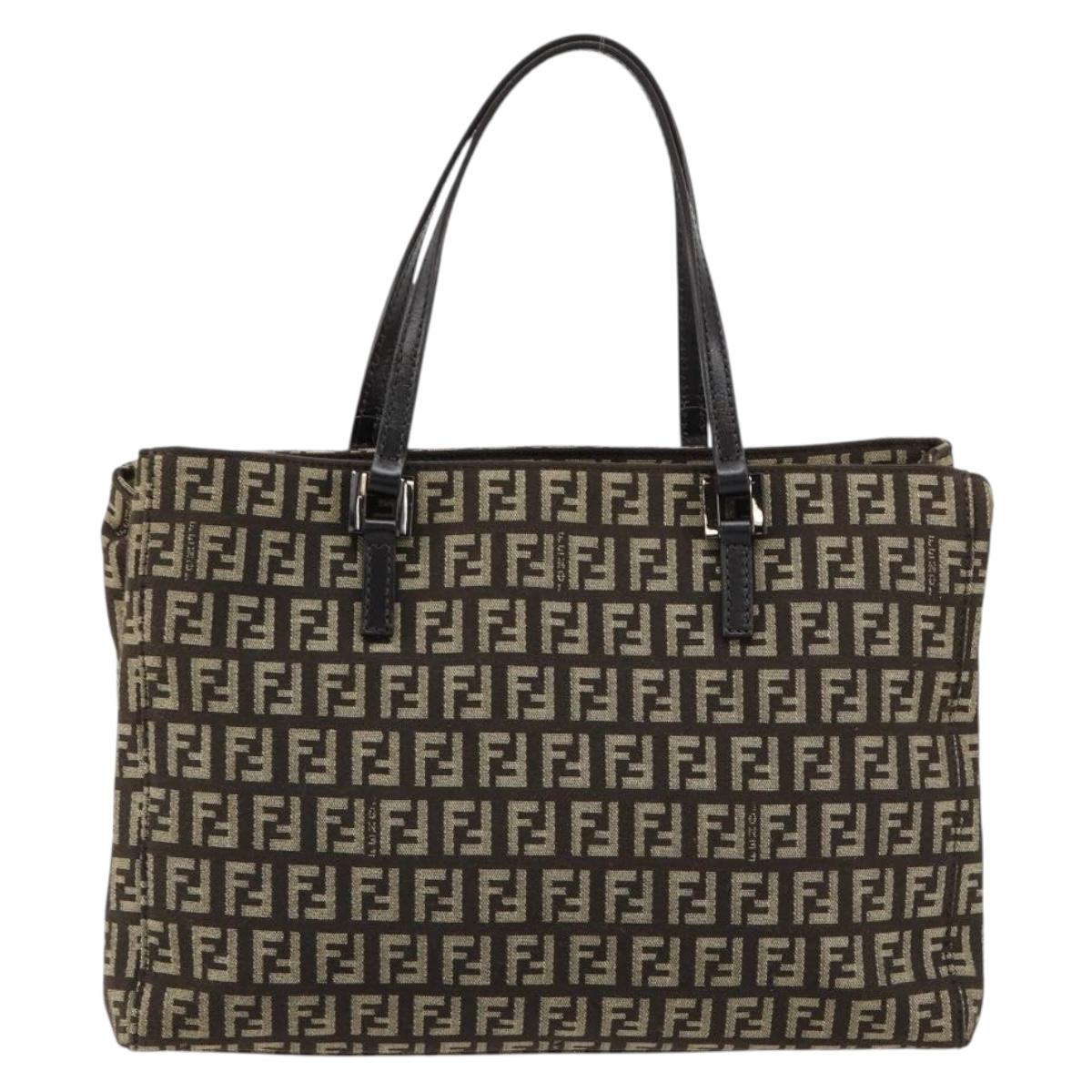 FENDI Zucchino Canvas Hand Bag Brown Silver Auth ka4734