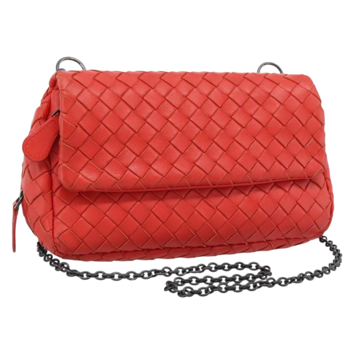BOTTEGA VENETA INTRECCIATO Chain Shoulder Bag Leather Red Auth ka4740A