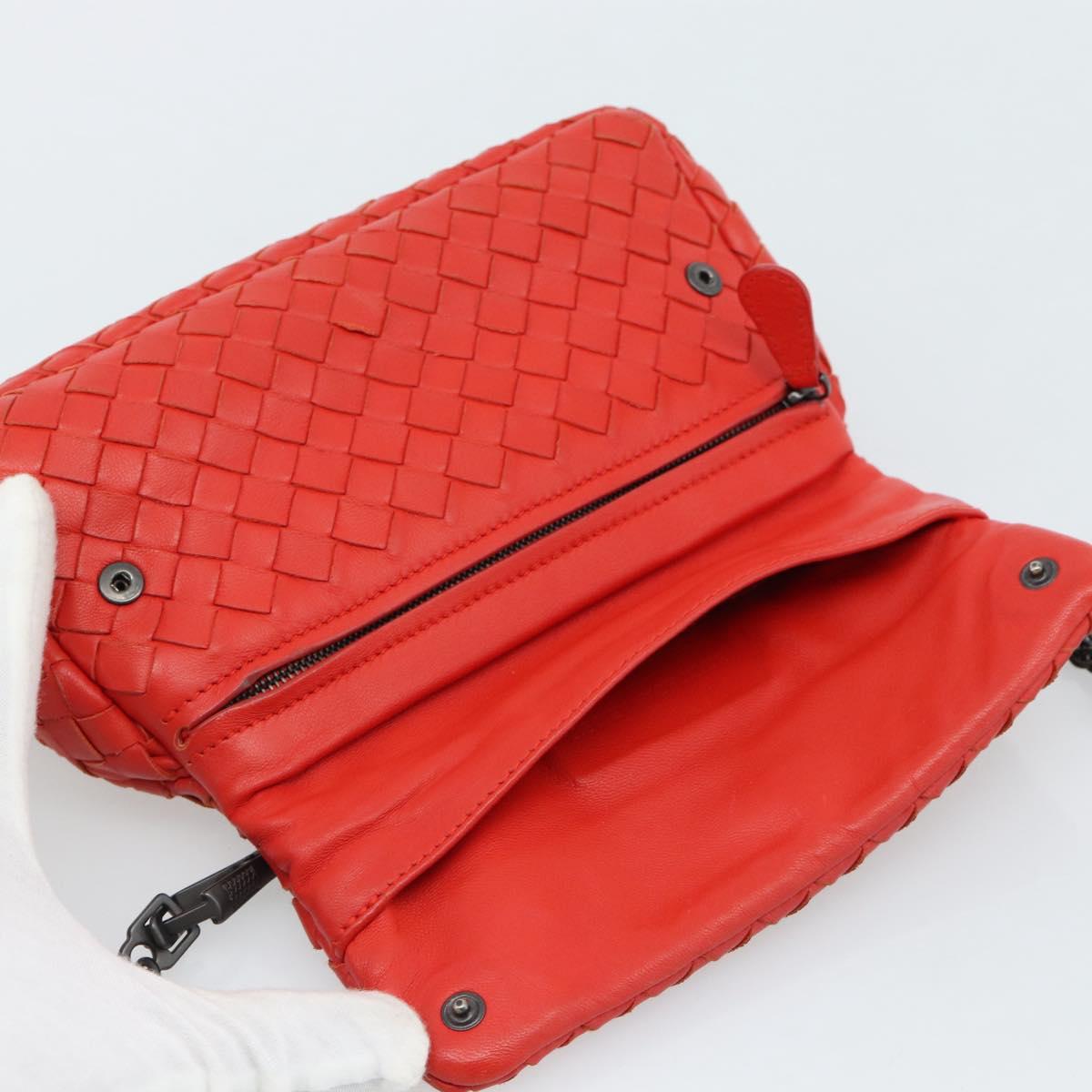 BOTTEGA VENETA INTRECCIATO Chain Shoulder Bag Leather Red Auth ka4740A