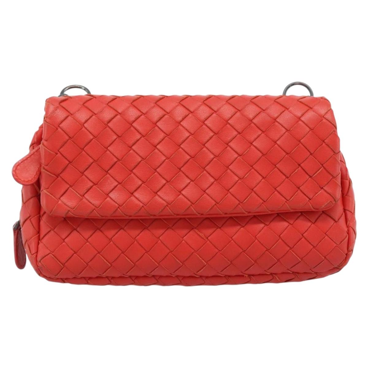 BOTTEGA VENETA INTRECCIATO Chain Shoulder Bag Leather Red Auth ka4740A