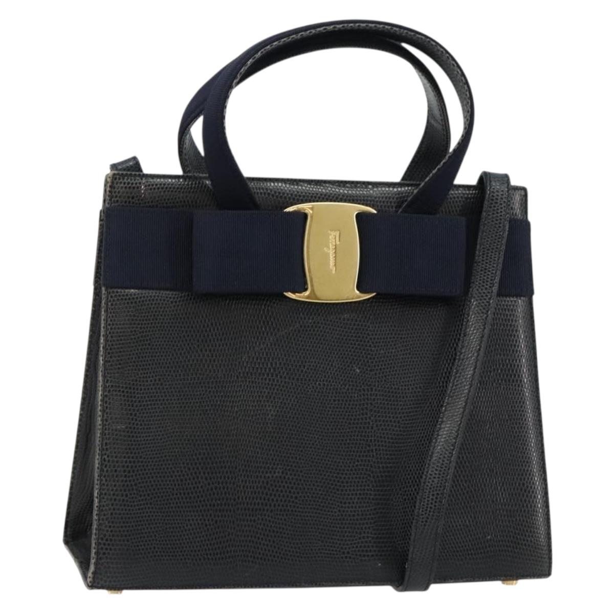 Salvatore Ferragamo Vala Hand Bag Leather 2way Navy Gold Auth ka4752