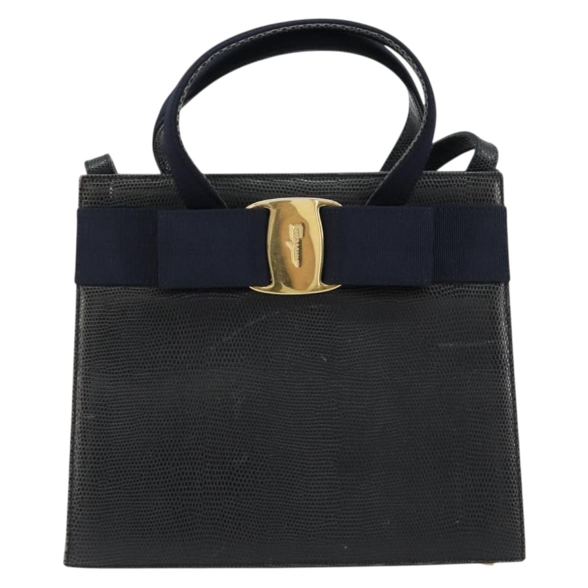 Salvatore Ferragamo Vala Hand Bag Leather 2way Navy Gold Auth ka4752