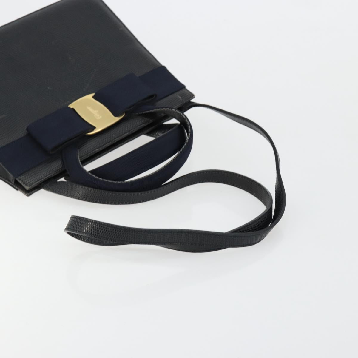 Salvatore Ferragamo Vala Hand Bag Leather 2way Navy Gold Auth ka4752