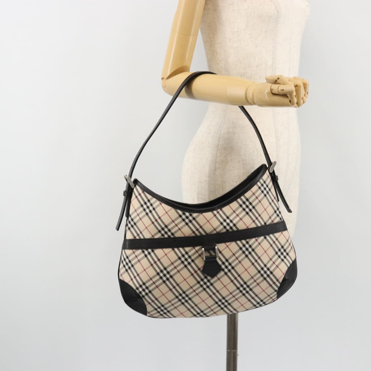 BURBERRY Nova Check Shoulder Bag Canvas Leather Beige Silver Auth ka4754V