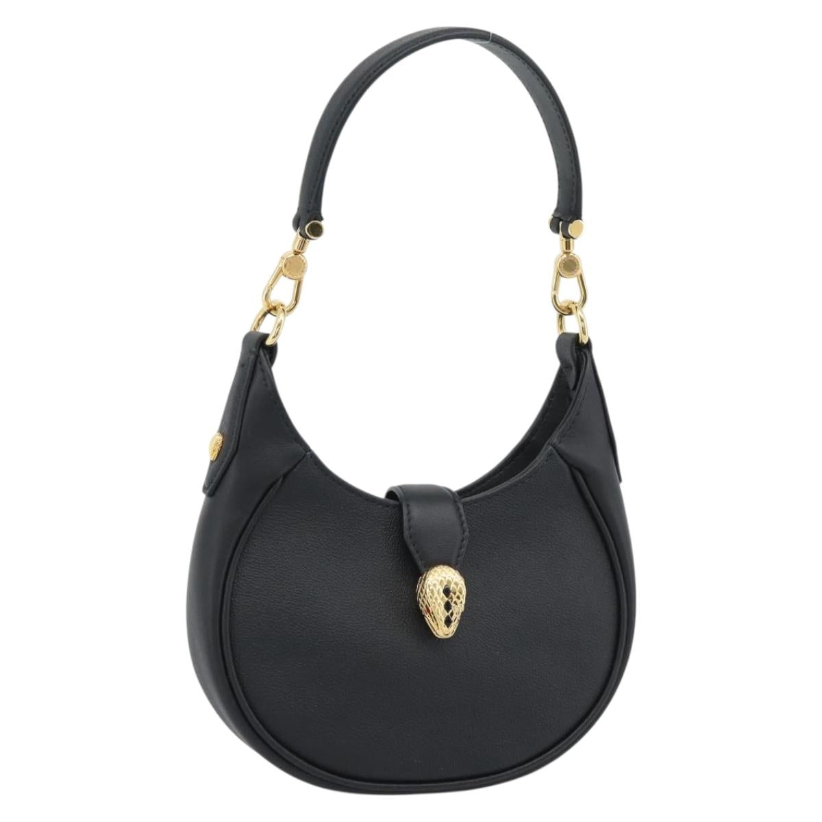 BVLGARI Hand Bag Leather 2way Black Gold Auth ka4770M