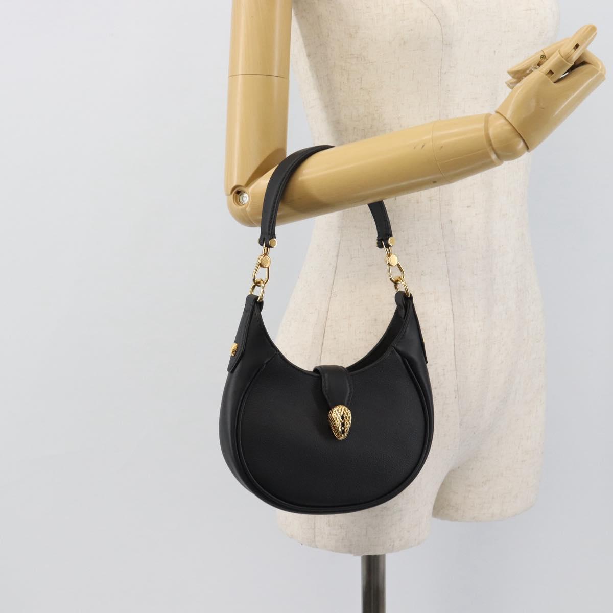 BVLGARI Hand Bag Leather 2way Black Gold Auth ka4770M
