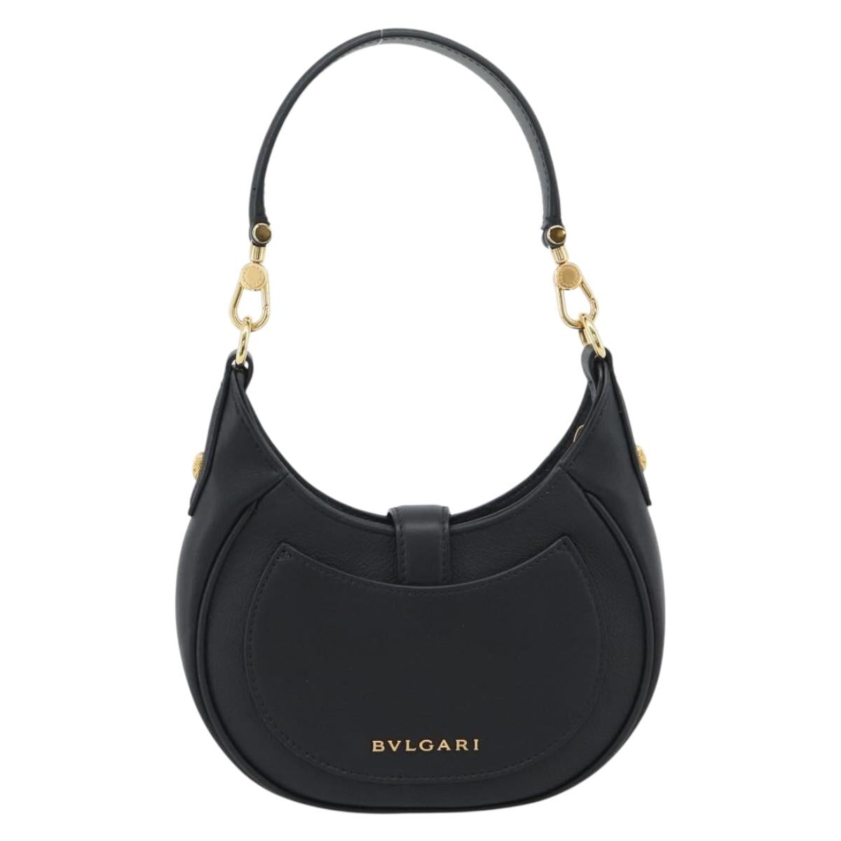 BVLGARI Hand Bag Leather 2way Black Gold Auth ka4770M