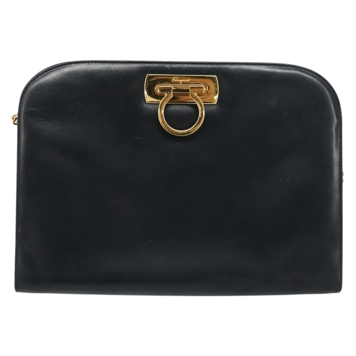 Salvatore Ferragamo Gancini Chain Shoulder Bag Leather Navy Gold Auth ka4772