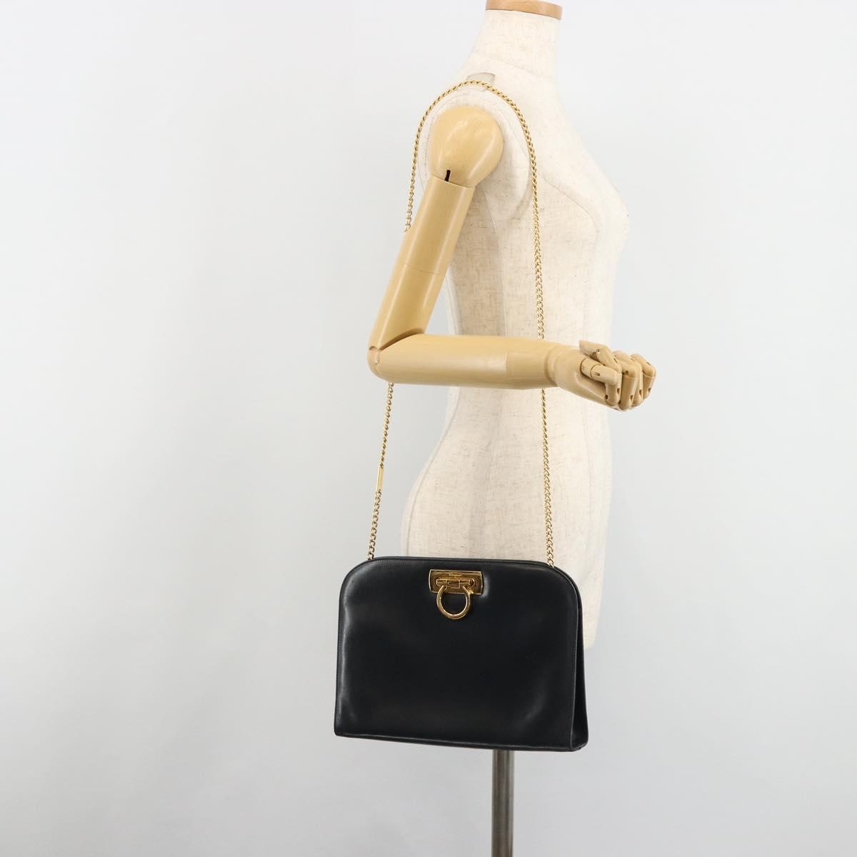 Salvatore Ferragamo Gancini Chain Shoulder Bag Leather Navy Gold Auth ka4772