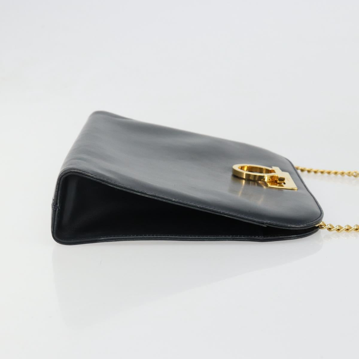Salvatore Ferragamo Gancini Chain Shoulder Bag Leather Navy Gold Auth ka4772