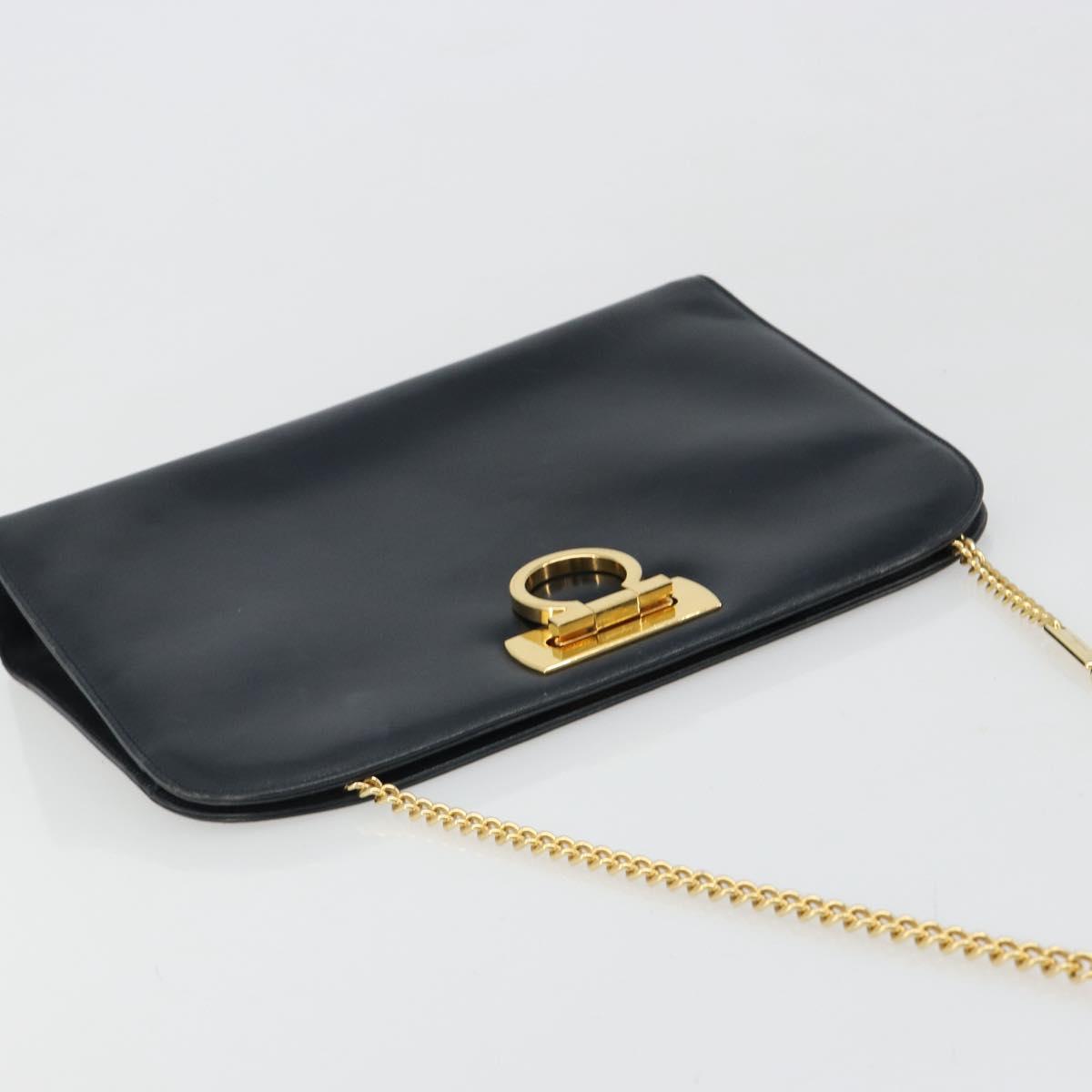 Salvatore Ferragamo Gancini Chain Shoulder Bag Leather Navy Gold Auth ka4772