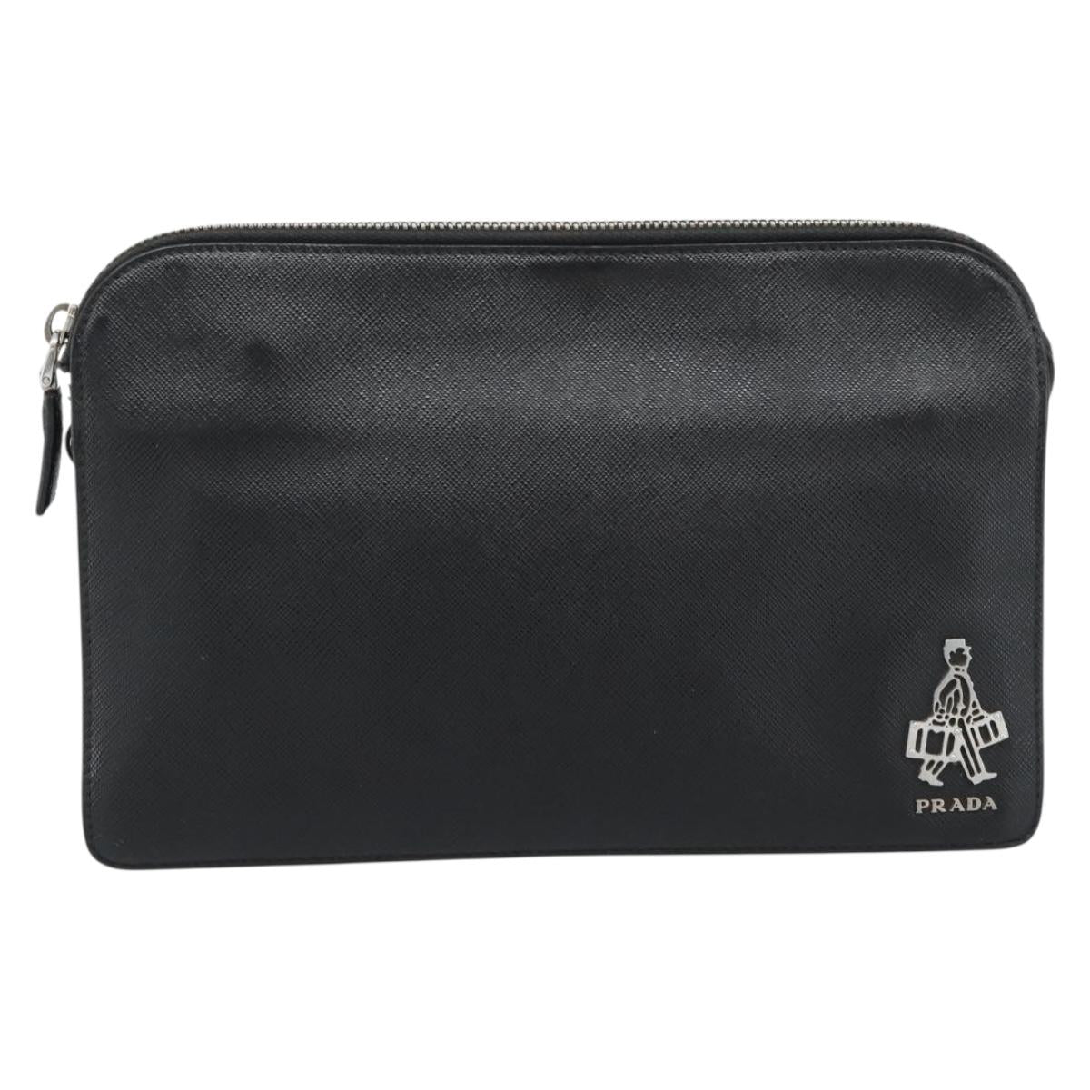 PRADA Clutch Bag Leather Black Silver Auth ka4774