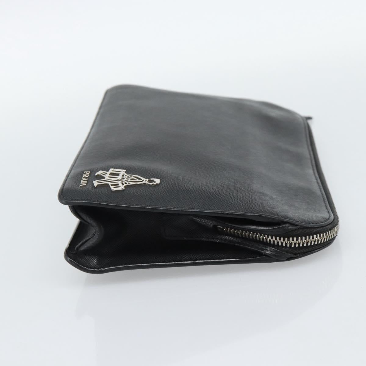 PRADA Clutch Bag Leather Black Silver Auth ka4774