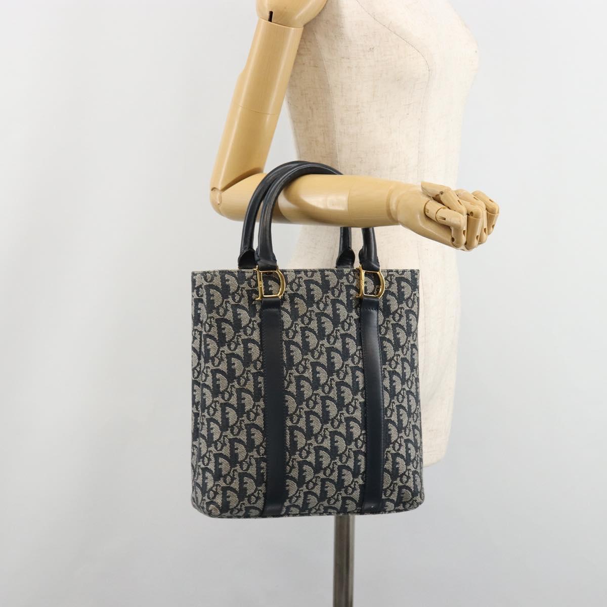 Christian Dior Trotter Canvas Hand Bag Navy Gold Auth ka4777