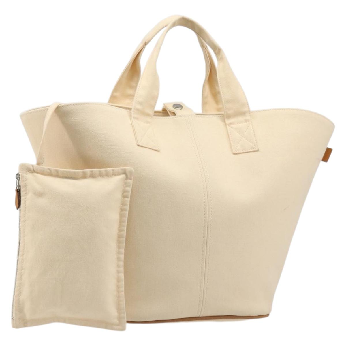 HERMES Paniered Plage MM Hand Bag Canvas Beige Silver Auth ka4782A