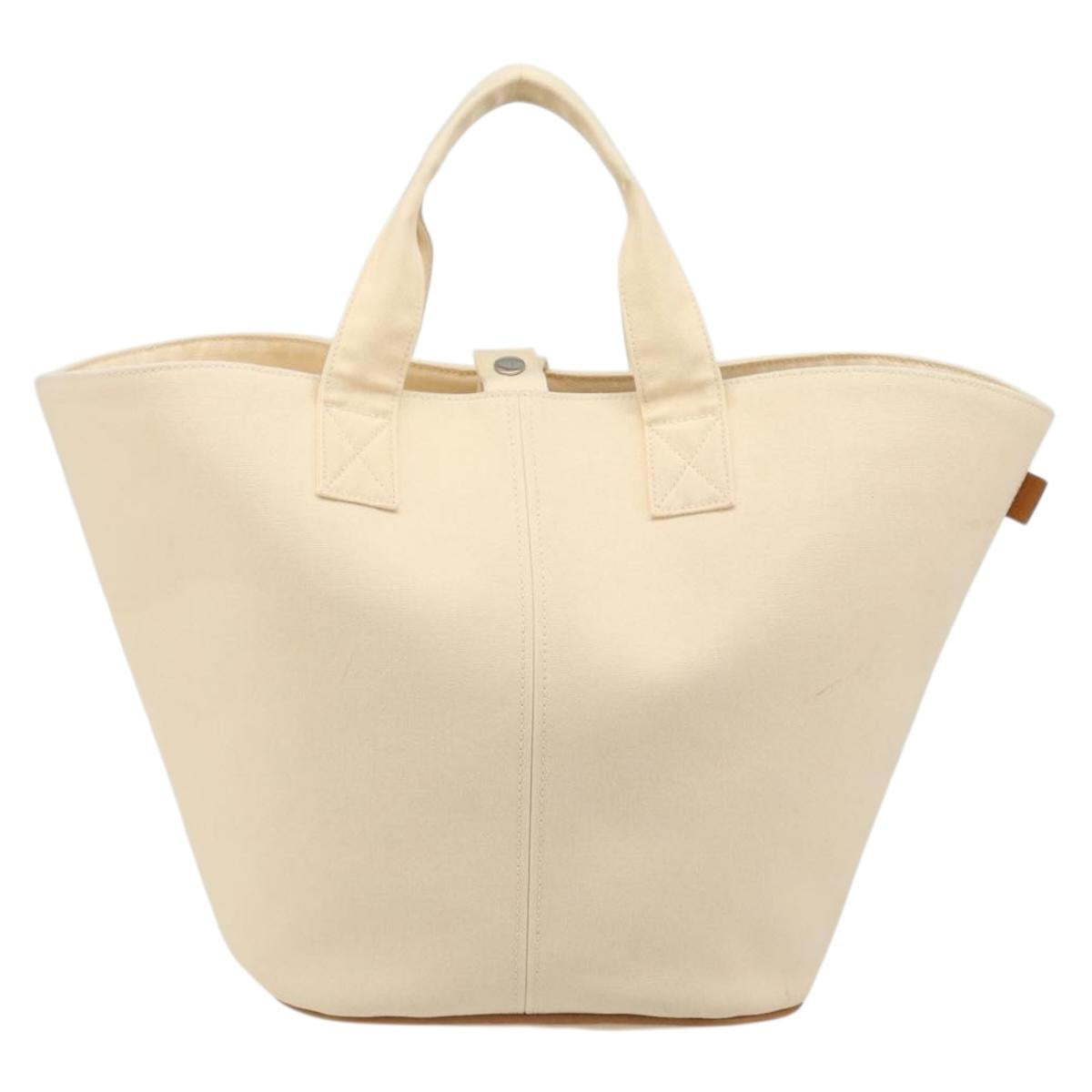 HERMES Paniered Plage MM Hand Bag Canvas Beige Silver Auth ka4782A