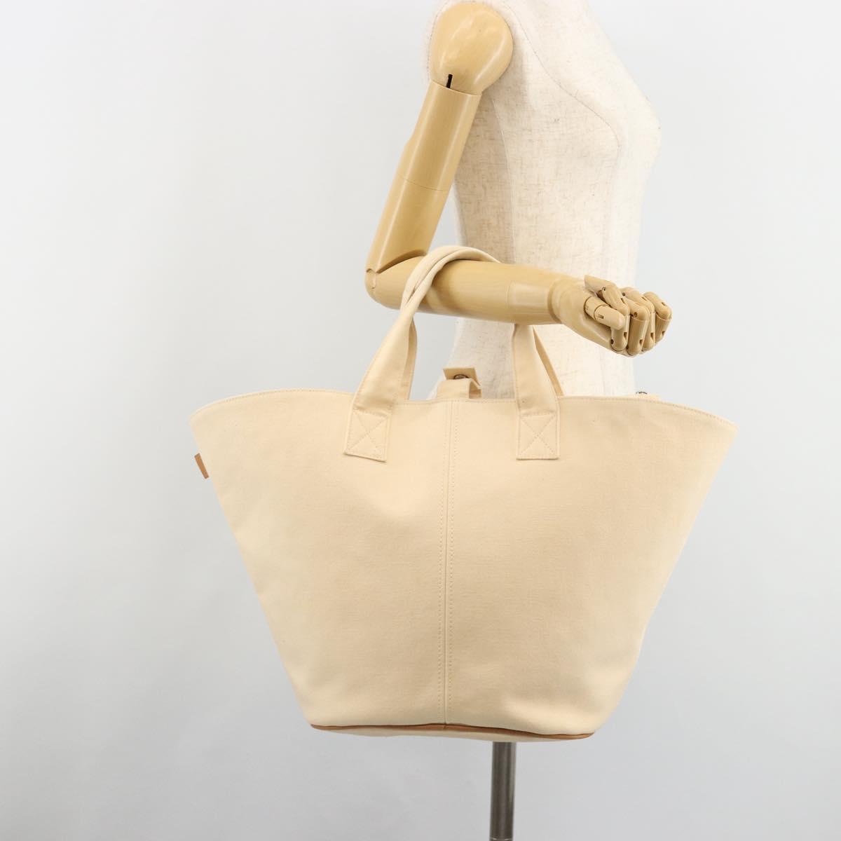 HERMES Paniered Plage MM Hand Bag Canvas Beige Silver Auth ka4782A