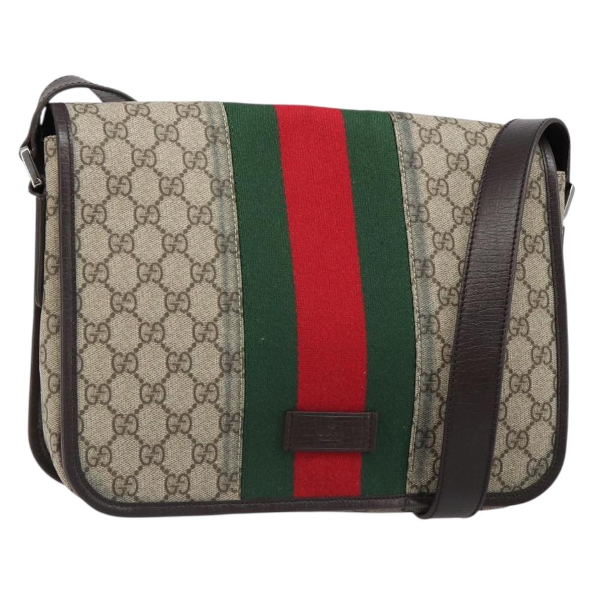 GUCCI GG Supreme Web Sherry Line Shoulder Bag PVC Beige Red 180692 Auth ka4786A