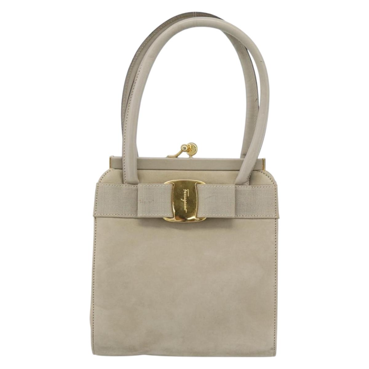 Salvatore Ferragamo Vala Hand Bag Suede Beige Gold Auth ka4791