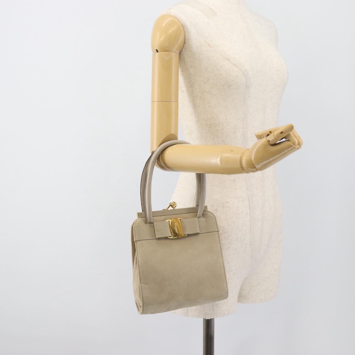Salvatore Ferragamo Vala Hand Bag Suede Beige Gold Auth ka4791