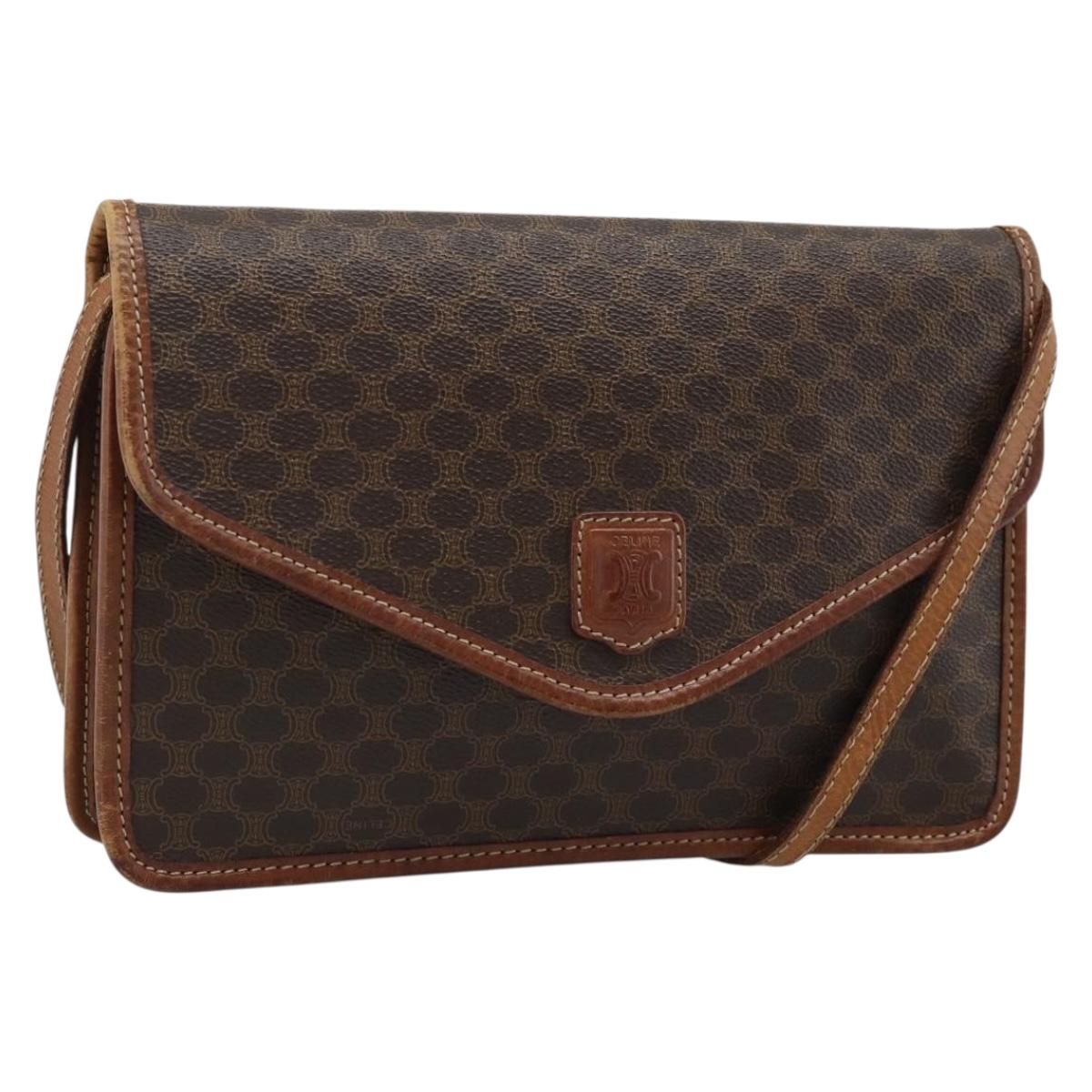 CELINE Macadam Canvas Shoulder Bag PVC Leather Brown Gold Auth ka4803