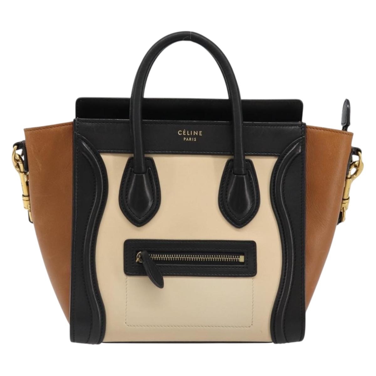 CELINE Luggage Nano Micro Mini Hand Bag Leather 2way Beige Gold Auth ka4812V