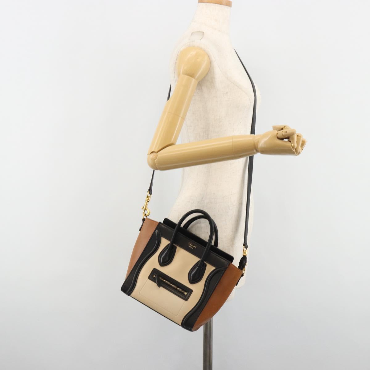 CELINE Luggage Nano Micro Mini Hand Bag Leather 2way Beige Gold Auth ka4812V