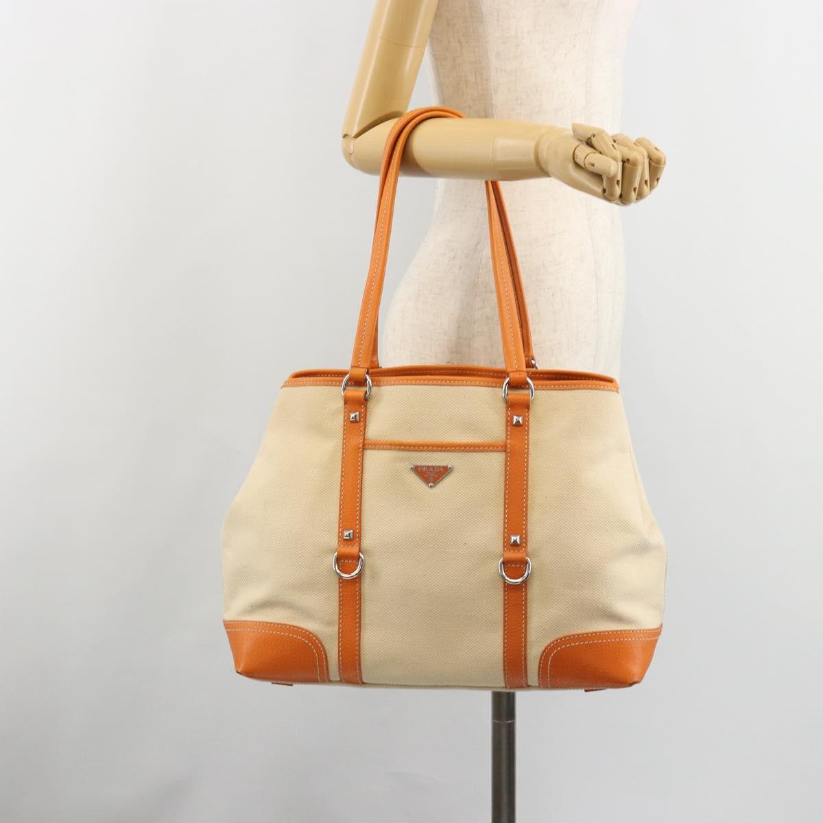 PRADA Tote Bag Canvas Beige Silver Auth ka4818V