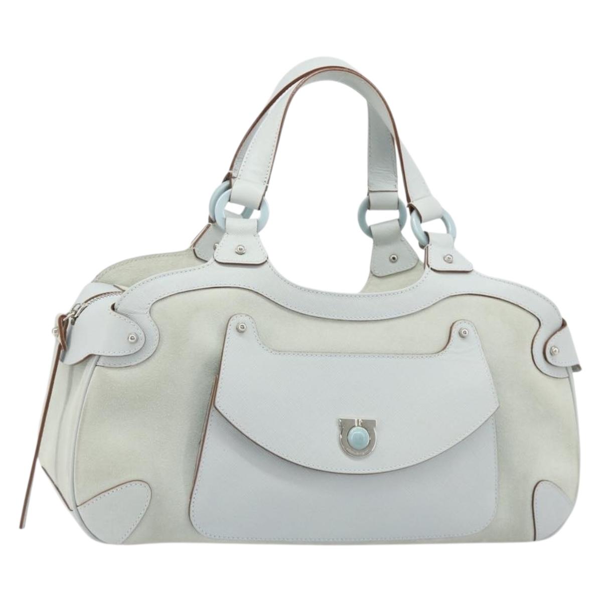 Salvatore Ferragamo Hand Bag Suede Leather Light Blue Silver Auth ka4819A