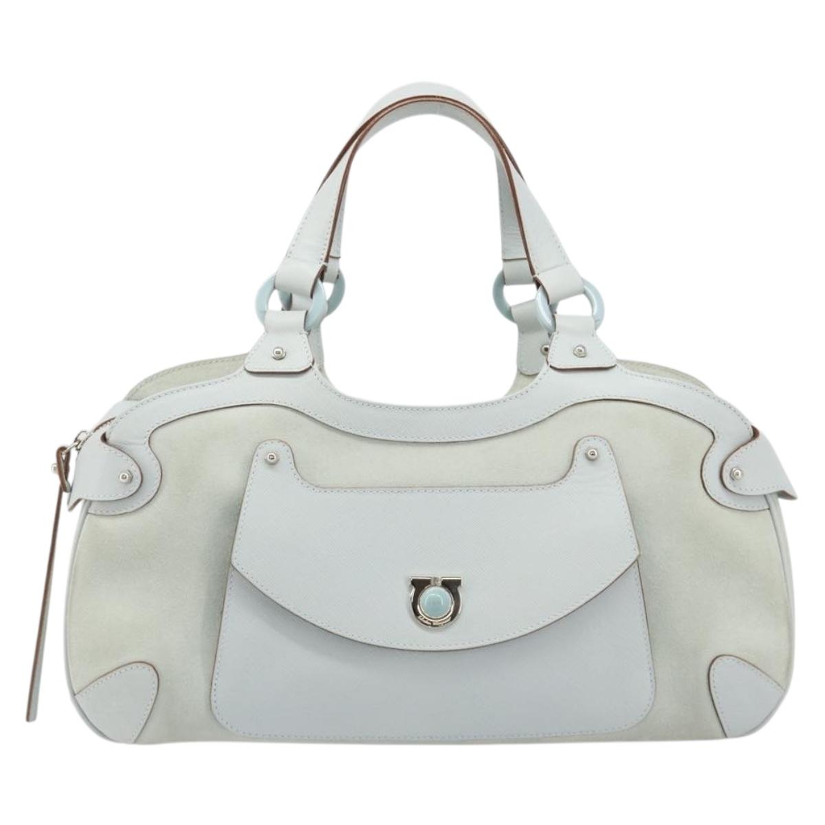 Salvatore Ferragamo Hand Bag Suede Leather Light Blue Silver Auth ka4819A