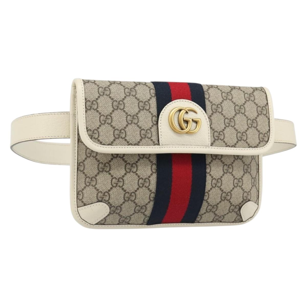 GUCCI GG Supreme Sherry Line Waist bag PVC Beige Red Navy 674081 Auth ka4820V